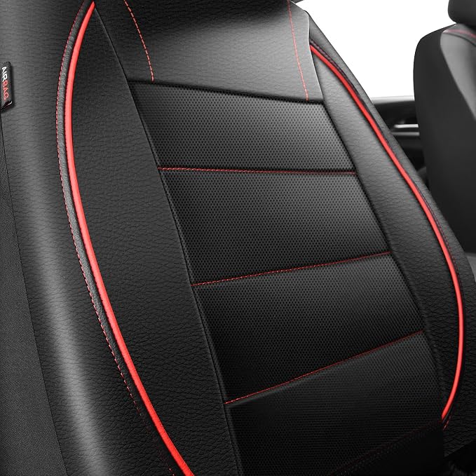 CAR PASS 3 Row Car Seat Covers, Piping Leather Seat Cover with 7 Headrests, Universal Fit Seat Cover Set for Cars Trucks SUV Van Airbag Compatible,7 Passenger Seat Covers Full Set (Black and Red)