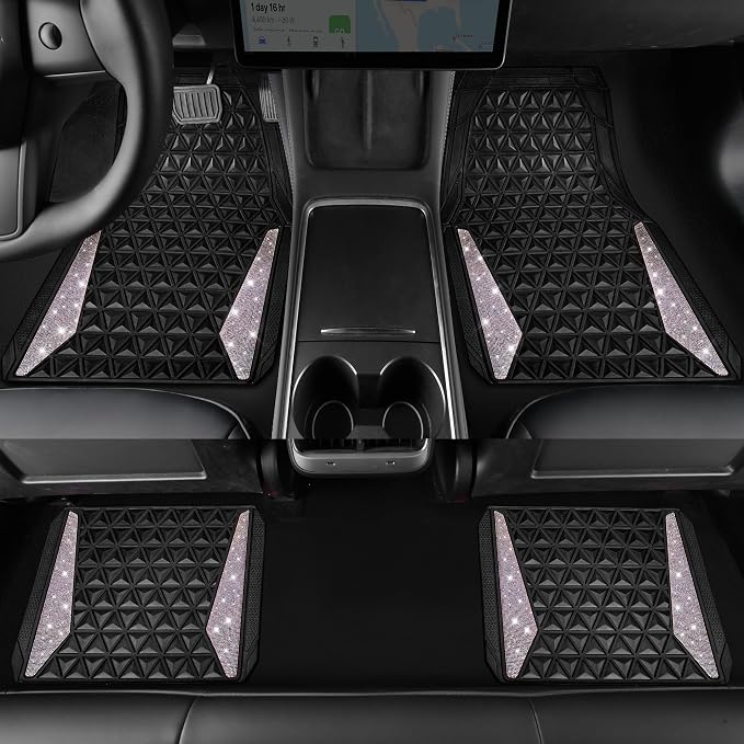 CAR PASS Bling Diamond Car Mats Rubber Floor Mats Full Set Anti-Slip 3D Rhombus Waterproof Trim Fit Liner Universal Glitter Crystal Sparkly Shining Rhinestone Girl Women SUV Sedan, Multicolor Diamond
