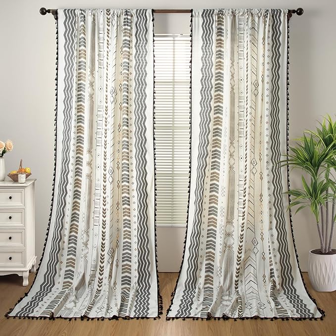 ColorBird Boho Long Floor to Ceiling Curtains 108 Inches Sliding Door Curtains & Drapes for Patio Door Window 2 Panels Black and White Western Aztec Long Drapes with Tassel Rod Pocket for Living Room