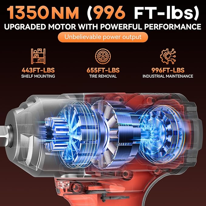 Cordless Impact Wrench, 996Ft-lbs (1350N.m) 1/2" Impact Driver, 21V Brushless Impact Gun, High Torque Impact Wrench with 2x4.0Ah Battery, Power Motor Variable Speeds for Car/Pickup Truck/Mower