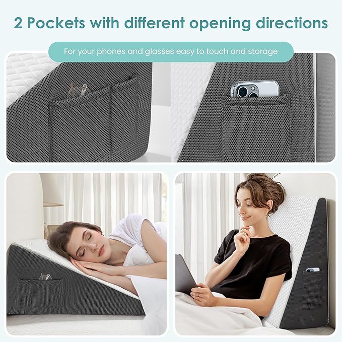 Cozymaker 12" Bed Wedge Pillow for Sleeping After Surgery, Back Support, Leg Elevation, Gerd Acid Reflux, Relief Neck Pain, Sleep Apnea, Snoring, Cooling Memory Foam Triangle Incline Wedge