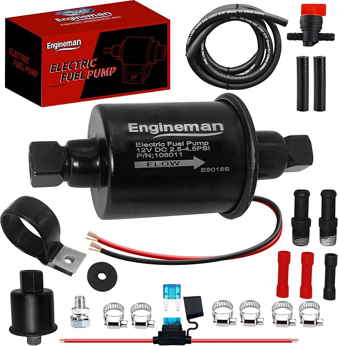 Universal Electric Fuel Pump 12V 2.5-4.5 PSI Inline External 5/16 Inch Compatiable with Gas Diesel Marine Carburetor Marine E8016S with 6.56 FT 5/16" ID Fuel Line Hose