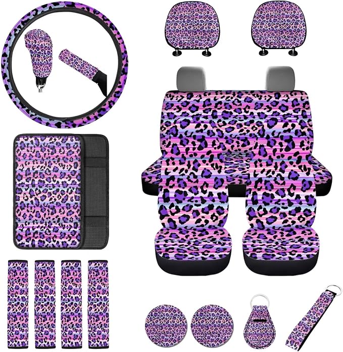 18 Pcs Purple Leopar Print Car Seat Cover SUV Full Set Cheetah Print Steering Wheel Cover+Center Console Pad+Armrest Cover+Seat Safety Belt Pad+Seatbelt Covers+Cup Mats+Keychain