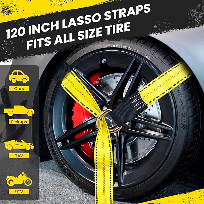 Tire Straps for A Car Trailer, Wheel Tie Down Strap 2" x 10' with Snap Hooks, Car Hauler Wheel Strap for 3300 Pound Safe Working Load (2 Straps)