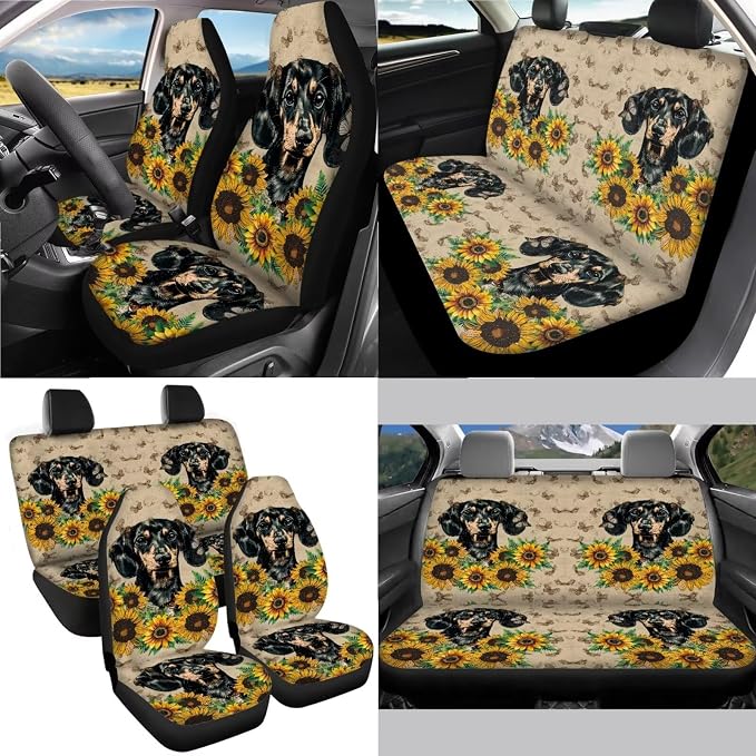 Dachshund Sunflower Butterfly Print Car Seat Covers Full Set, Auto Accessories Pack of 13, 1 Soft Steering Wheel Cover, 4 Seat Belt Covers, 4 Washable Coasters, Universal Fit Most Cars