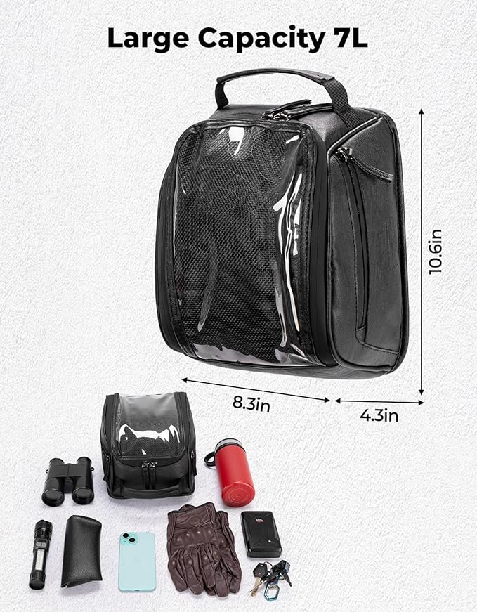 KEMIMOTO 7L Magnetic Motorcycle Tank Bag, PU Leather Water-Resistant Tank Bag with 8 Strong Magnets, Large Touchscreen Phone Film Motorbike Fuel Tank Storage Bag