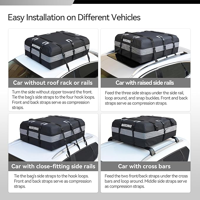 MARCHWAY Waterproof Car Roof Luggage Bag, Weatherproof Soft Shell Rooftop Cargo Carrier Bag for Vehicles with or Without Rack. 6 Door Hooks, Anti Slip Mat, Lock Included (15 Cubic Feet, Black)