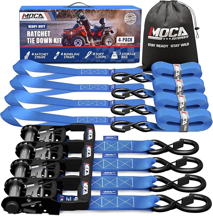 MOCA Blue Heavy Duty Ratchet Tie Down Straps - 5,200 Lbs Breaking Strength 1.6" x 8', Includes 4 Heavy Duty Ratchet Padded Handles & Coated Chromoly S Hooks & 4 Soft Loop Tie-Downs