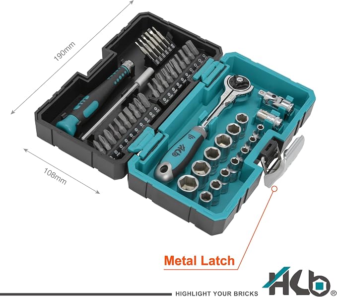 HB 90-Tooth 1/4 Inch Drive 270° Swivel Head Ratchet Handle 44 Piece Socket Set with Precision Screwdriver Torx PZ PH SL HEX Bits Chrome Vanadium Steel Portable Case Made in Taiwan AKM024-G