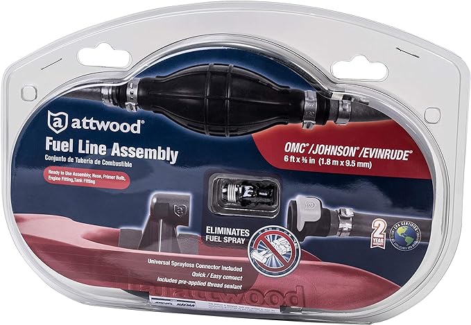 Attwood Johnson/Evinrude Marine Fuel Line Kit, EPA Compliant, 6 Feet Long, 3/8-Inch Diameter Hose with Tank & Engine Fittings, includes Sprayless Connectors (Tank-side Fitting), Primer Bulb, 93806EUS7