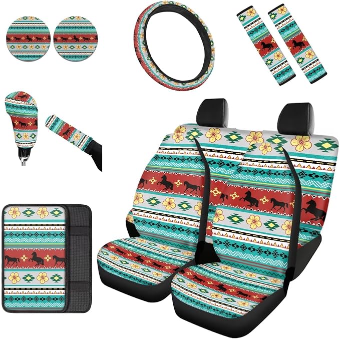 Dreaweet Aztec Tribal Horse Car Seat Covers Full Set 12 Pcs,Universal Car Seat Cover with Steering Wheel Cover,Seat Belt Pads,Armrest Cover,Cup Holder Coasters,Handbrake Cover,Gear Shift Knob Cover