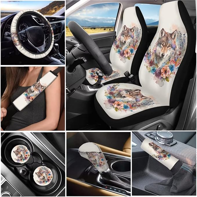 Tupalatus Auto Front Seat Covers Steering Wheel Cover,Seat Belt Shoulder Pads,Cup Holder,Gear Shift Knob Cover,Car Handbrake Protector Full Set of 9 Pieces for Women Gifts, Retro Wolf Floral Beige