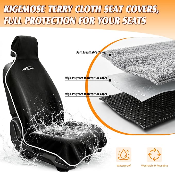 Car Seat Towel Cover, 3-Layer Waterproof Seat Protector with Soft Terry Cloth, Non-Slip Silicone Backing, Absorbent Sweat Cover for Gym, Beach, Pets, Cars & SUVs (Black, 1 Pack)