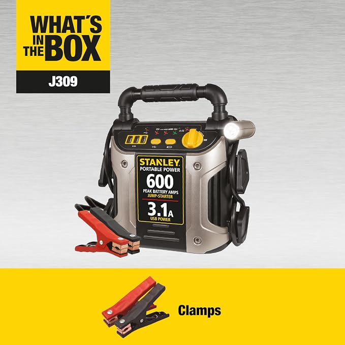 Stanley J309 Portable Power Station Jump Starter 600 Peak Amp Battery Booster, 3.1A USB Ports, Battery Clamps