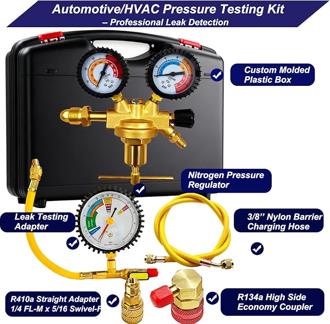 53010 Automotive/HVAC Pressure Tester Kit, Nitrogen Pressure Testing Tools, Includes 53001 Nitrogen Pressure Regulator, Leak Testing Adapter 53042, Charging Hose, R134a Adapter, R410A Adapter