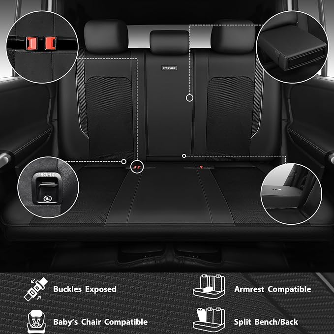 CAR PASS Faux Leather High Back Seat Covers Full Set, Sporty Waterproof Automotive Seat Covers, Anti Slip Airbag Compatible Universal Fit for Most Sedans Trucks Vans Suvs, All Black
