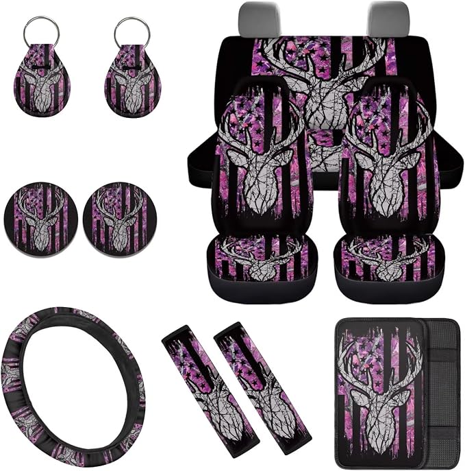 Flag Deer 12 Pack Car Seat Covers Full Set with Auto Seat Belt Cover Car Armrest Cushion Cars Cup Coasters Steering Wheel Cover Universal Fit Most Cars SUV