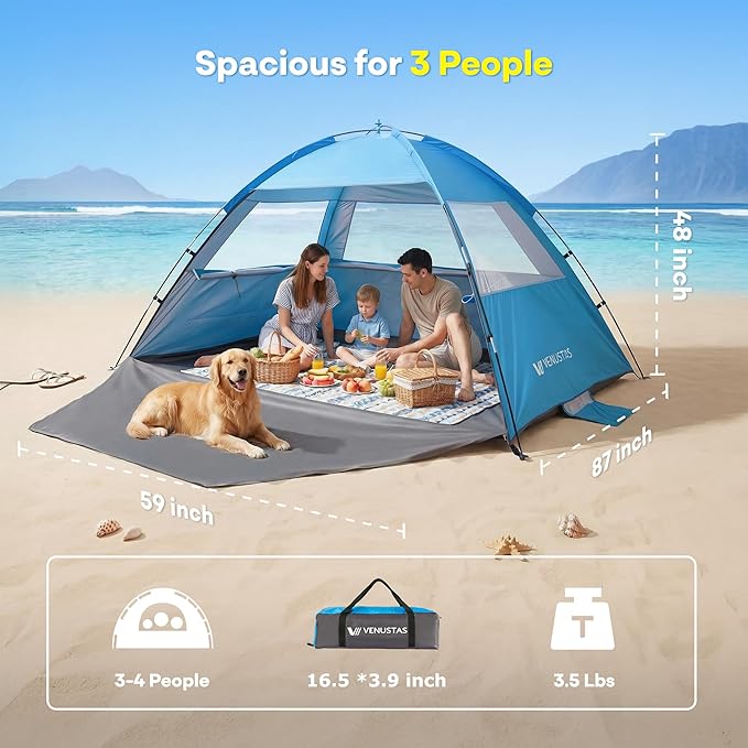 Venustas Beach Tent Sun Shelter for 3/4/6/8 Person, UPF 50+ UV Protection Beach Canopy, Lightweight and Easy Setup Cabana, Portable Shade Tent
