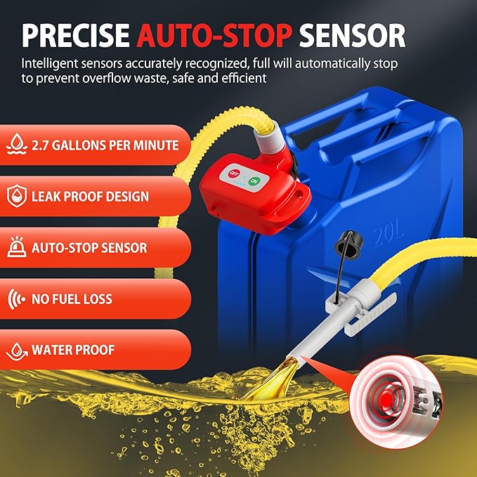 Rechargeable Fuel Transfer Pump with Auto-Stop & Leak Protection, 3.4 GPM Automatic Gas Can Pump with 71" Extra Long Hose, Portable Lithium Battery Gas Transfer Pump for Oil, Diesel, Gasoline