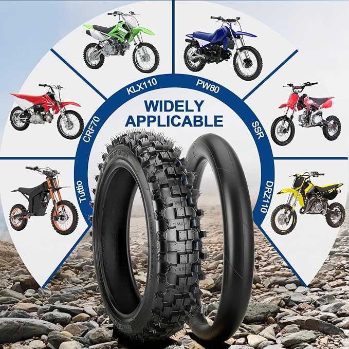 Rear 80/100-12 3.00-12 Dirt Bike Tire and Inner Tube for Tuttio Soleil01 Honda XR70 CRF70 CRF110 KLX110 PW80 TTR90 DRZ110 SSR 125cc 110cc Dirt Bike Off Road Motocross Parts