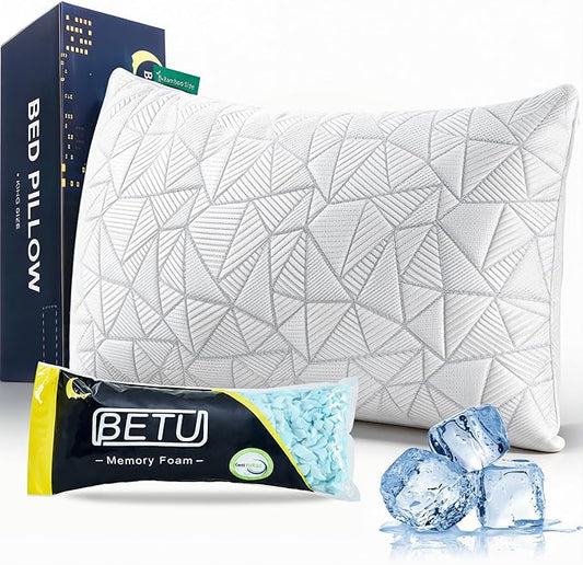 BETU Cooling King Size Pillow, Shredded Memory Foam Cool Pillow for Hot Sleepers, Adjustable Firm Soft Support Bed Pillows Perfect for Back Neck Pain and Side Sleeping with Pillows Case Cover, White