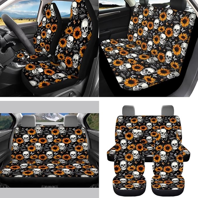 Sunflower Skeleton 15 PCS Car Seat Cover Full Set with Steering Wheel Cover Seat Belt Strap Pads Cup Coasters Trash Bag Rearview Mirror Cover Keychain Auto Interior Decor