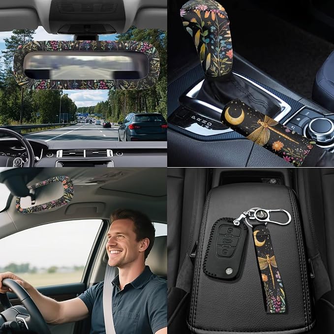 Golden Dragonfly Car Seat Covers Full Sets of 18 Pcs Universal Car Interior Accessories Sets with Dragonfly Car Headrest Covers Car Seat Belt Pads Cover Auto Trash Can Steering Wheel Wrap