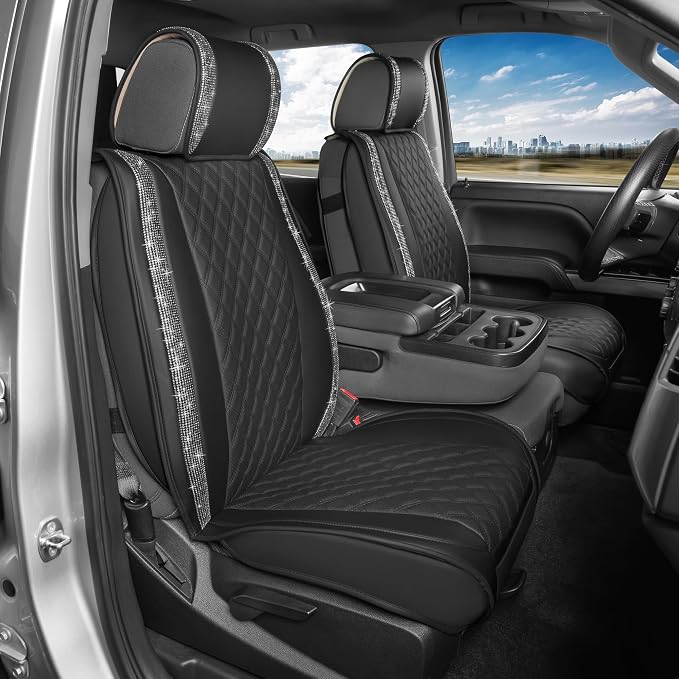 BlingStitch™ Car Seat Covers for Front Seats - Luxurious Black Vegan Leather Seat Covers for Cars with Clear Bling Crystals, Premium Automotive Seat Covers for SUV, Trucks, Car Bling Luxury
