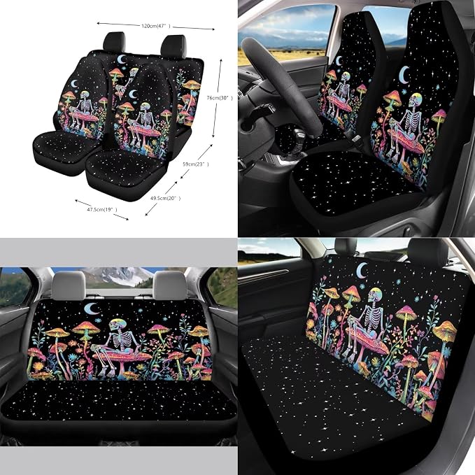 Halloween Car Accessories Car Seat Covers Full Set with Steering Wheel Covers+Seat Belt Pads+Coasters+Keychain+Lipstick Holder Universal Fit(13 Pack), Skull Mushroom Starry Night