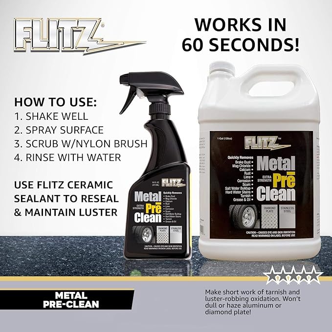 Flitz Metal Pre-Clean - 16oz of USA-Made Stainless Steel Cleaner Spray - Works on Aluminum, Brass, Copper, & More - Tarnish, Rust Remover for Metals - Non-Abrasive Aluminum Deoxidizer (12 Pack)