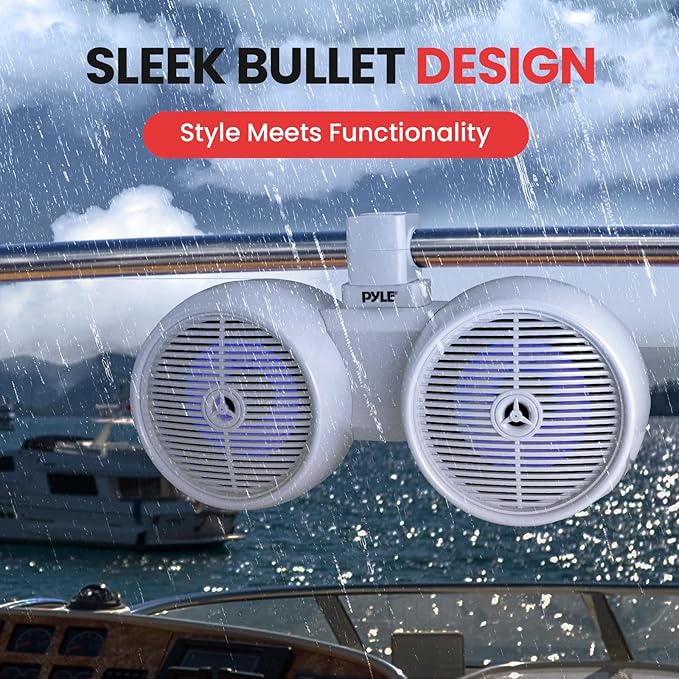 Pyle Dual Waterproof Off-Road Speakers - 8" 300W 2-Way Marine Wakeboard Tower Sound System w/LED Light, Full Range Outdoor Stereo Speaker for Car, ATV, UTV, Jeep, Boat, Includes Brackets (White)