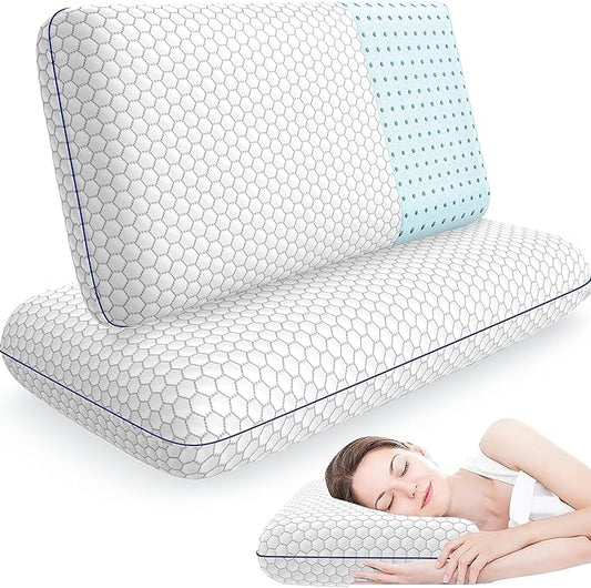 CushyOasis Memory Foam Pillows for Side, Back and Stomach Sleepers, Set of 2, Bed Pillow with Washable Cover and Breathable Mesh, Bed Pillow for Sleeping (Grey，Queen Size)