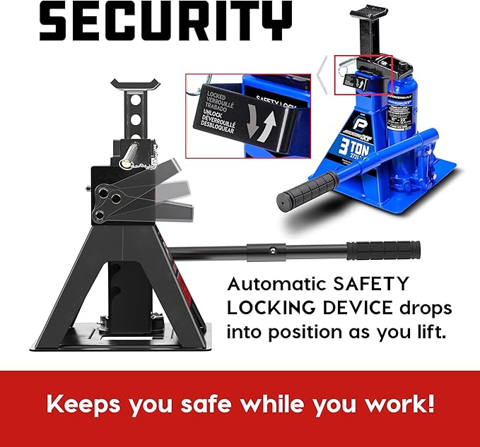 POWERBUILT 3 Ton All-in-One Hydraulic Bottle Jack and Jackstand in One, Compact, Wide Base, 11-21 Inch Range, Eliminates Jackstands, for Trucks, SUVs, RVs, Trailers, ASME, Not for Sedans - 640912