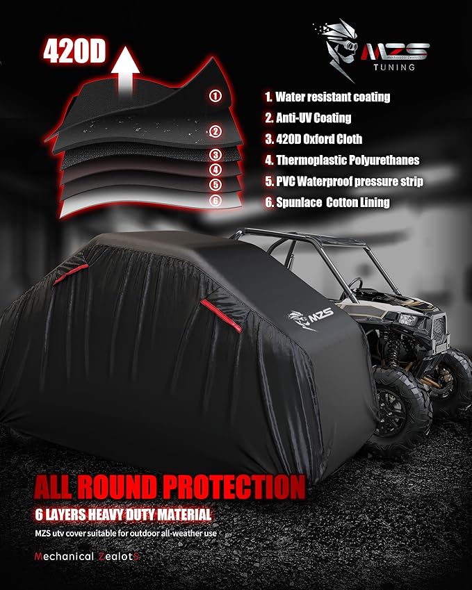MZS UTV Cover, All Weather Waterproof Side by Side Cover Protection Universal fits up to 120 inch Utility Vehicle Covers - Vents Night Reflective Tear Wind Proof Adjuster Buckle Storage Bag