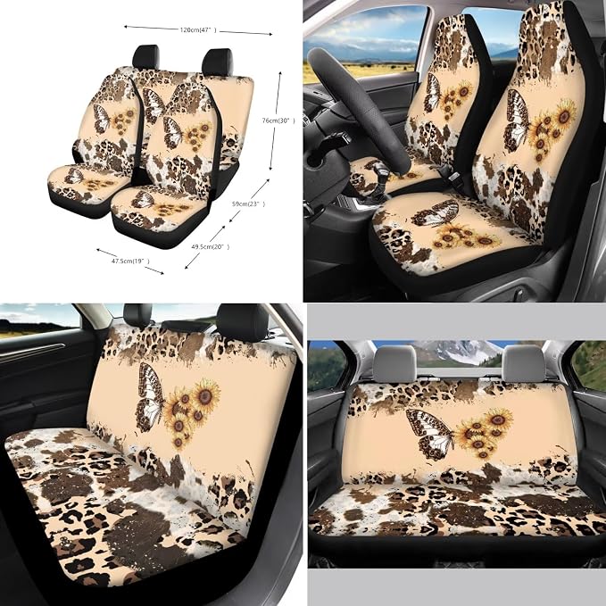 Suobstales Butterfly Sunflower Cow Leopard Print Car Accessories Car Seat Covers Full Set with Steering Wheel Cover + Seat Belt Covers Shoulder Pads + Coasters + Keychains Interior Cover Set of 11