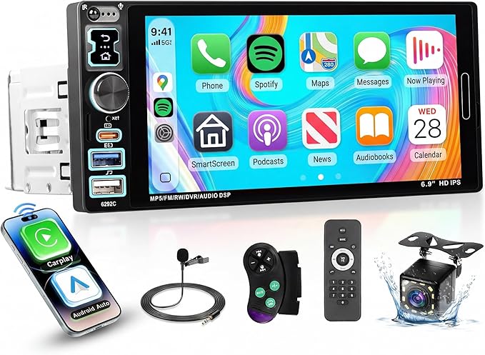 Single Din Car Stereo with A-pple Carplay Android Auto, 6.9" IPS Touch Screen Car Radio 1 Din with Rear View Camera，Head Unit Support Mirror Link Bluetooth FM USB EQ SWC