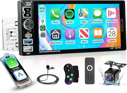 Single Din Car Stereo with A-pple Carplay Android Auto, 6.9" IPS Touch Screen Car Radio 1 Din with Rear View Camera，Head Unit Support Mirror Link Bluetooth FM USB EQ SWC