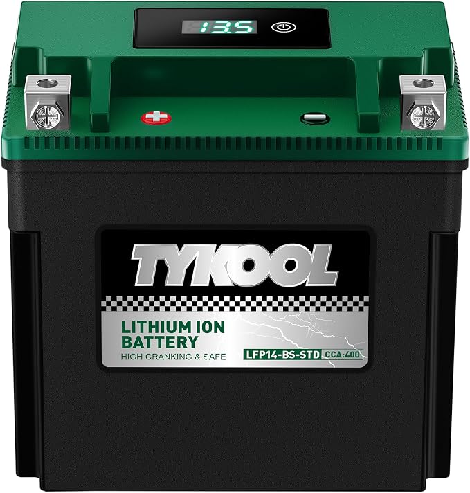 TYKOOL LFP14-BS-STD 12V Lithium Battery, Replaces YTX14-BS, 400CCA 8Ah Fits for Adventure Motorcycle Touring Scooter, Compatible with BMW R1200GS Suzuki V-Strom Triumph Tiger, Digital Readout [+ -]