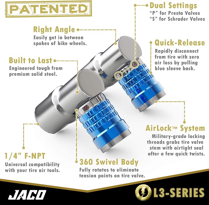 JACO Lightning Bike Tire Inflation Kit | with Lightning L3-Series Bike Air Chuck & FlowPro Digital Tire Inflator Gauge (200 PSI)