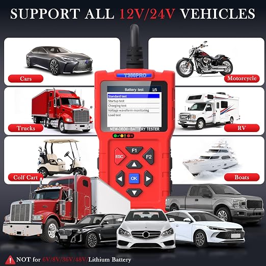 Car Scanner and Battery Tester 12v / 24v Automotive, 20-2000 CCA Car Battery Tester and Check Engine Code Reader, T300PRO