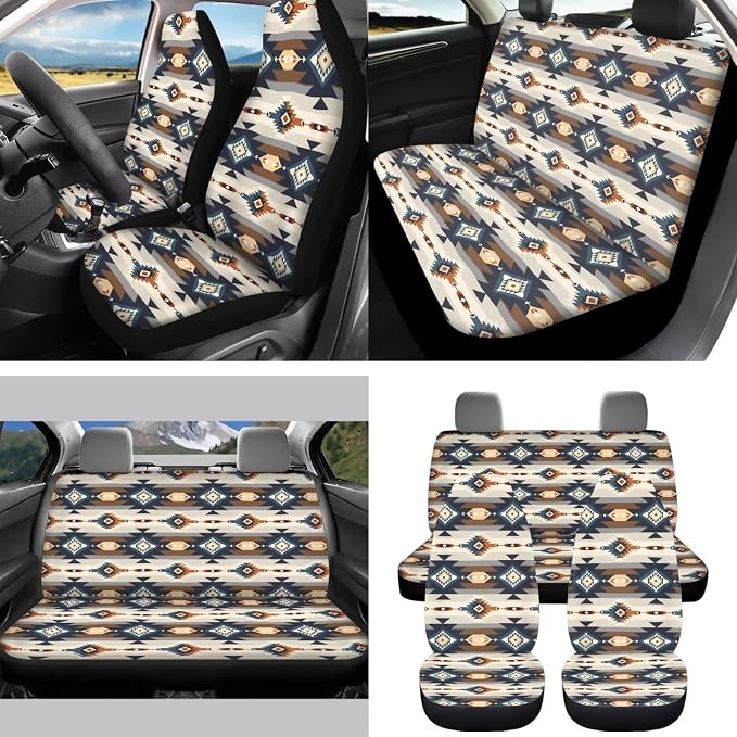 Beige Southwest Aztec Boho Car Accessories Car Seats Cover Protector, Steering Wheel Covers, Seatbelt Cover, Car Trash Can, Cup Coasters, Rearview Mirror Cover, Keychains, Pack of 15