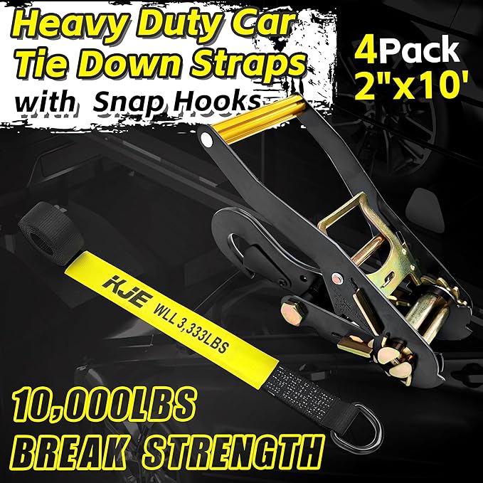 KJE 4 Pack Car Tie Down Straps for Trailers - Lasso Style Tire Ratchet Strap with Snap Hooks - 2" x 10' 10,000LBS Break Strength - Wheel Straps for Hauling UTV, SUV, Truck, Any Cars