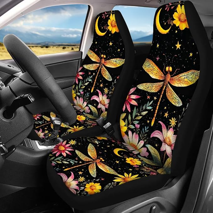 17 Pack Dragonfly Car Accessories Full Set,Star Moon Dragonfly Car Seat Covers Set with Car Mats Full Set Seat Belt Cover Pad Steering Wheel Cover Cup Coaster Sets Universal Auto Interior