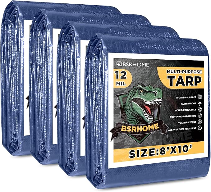Tarps Waterproof 8x10 Feet, 4 Pack Heavy Duty Blue Tarp Cover 12 Mil Thick, Resistant Plastic Tarpaulin with Metal Grommets, Outdoor Tarp Cover for Car,Trailer