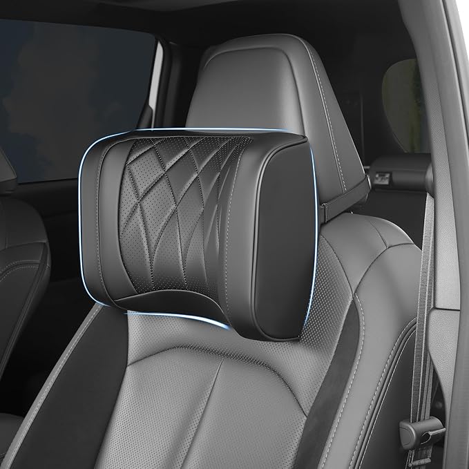 Car Headrest Pillow U-Shaped, Memory Foam Head Neck Support Cushion for Driving, Leather Head Rest Travel Pillows for Sleeping, Breathable Removable Cover, Black, 1 Pack