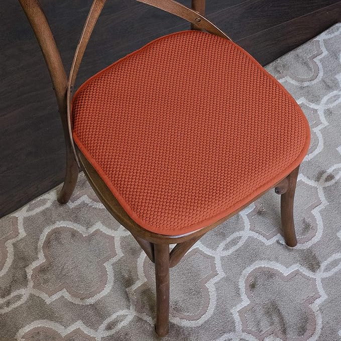 Sweet Home Collection Chair Cushion Memory Foam Pads Honeycomb Pattern Slip Non Skid Rubber Back Rounded Square 16" x 16" Seat Cover, 4 Pack, Rust