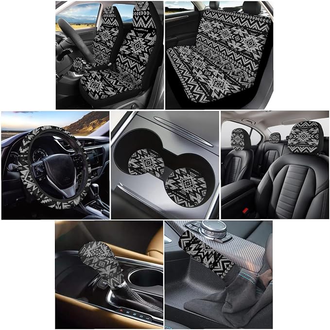 Wanyint Black Aztec Print Car Seat Cover for Women Men Full Set Steering Wheel Cover Shift Knob Handbrake Protector Coasters Head Rest Covers Universal Fit Most Cars SUV Sedan