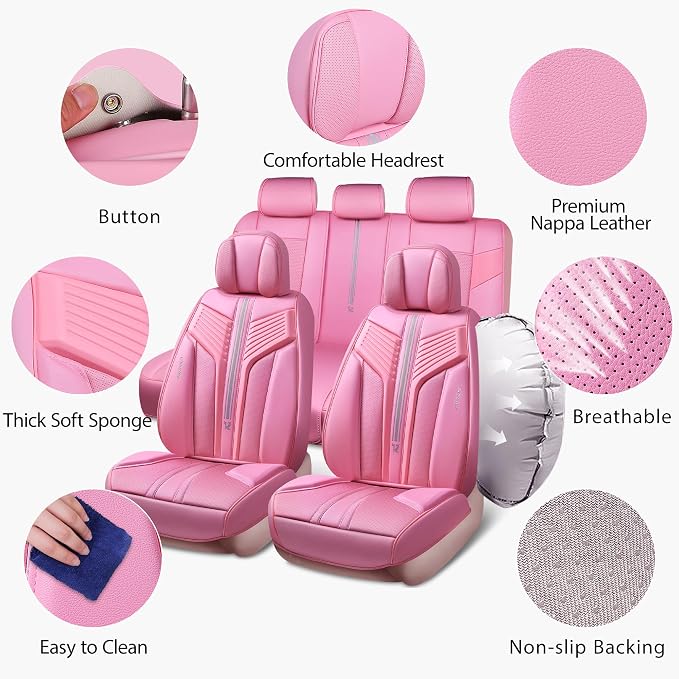 CAR PASS Pink Nappa Leather Seat Covers, Cute Girly Car Seat Covers Full Set for Women, Luxury 3D Sponge Support Waterproof Car Seat Protector, Universal Fit SUV Pick-up Truck Sedan Automotive
