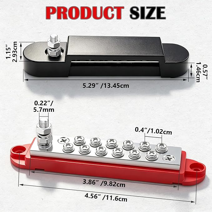 Marine Bus Bar 12V 150A 1/4" Stud Power Distribution Block, Buckle Designed Bottom Battery Busbar, Automotive Buss Bar 12v for Car, Boat and Solar Wiring (Black+Red)