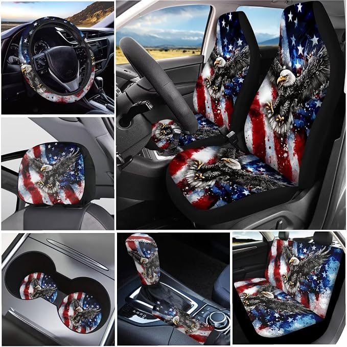 KEIAHUAN 11 Pcs Car Seat Covers Full Set for Men American Flag Bald Eagle with Handbrake and Gear Shift Knob Cover,Headrest Cover, Coasters,Non-Slip Car Steering Wheel Cover,Coasters